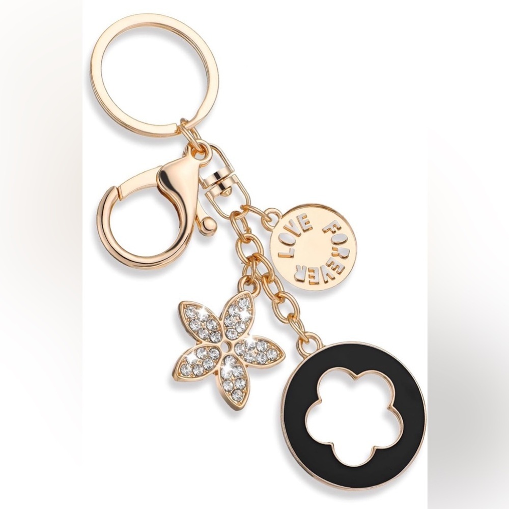Gold-Tone Flower & Clover Bag Charm / Keychain – Rhinestone Accents - Picture 3 of 10